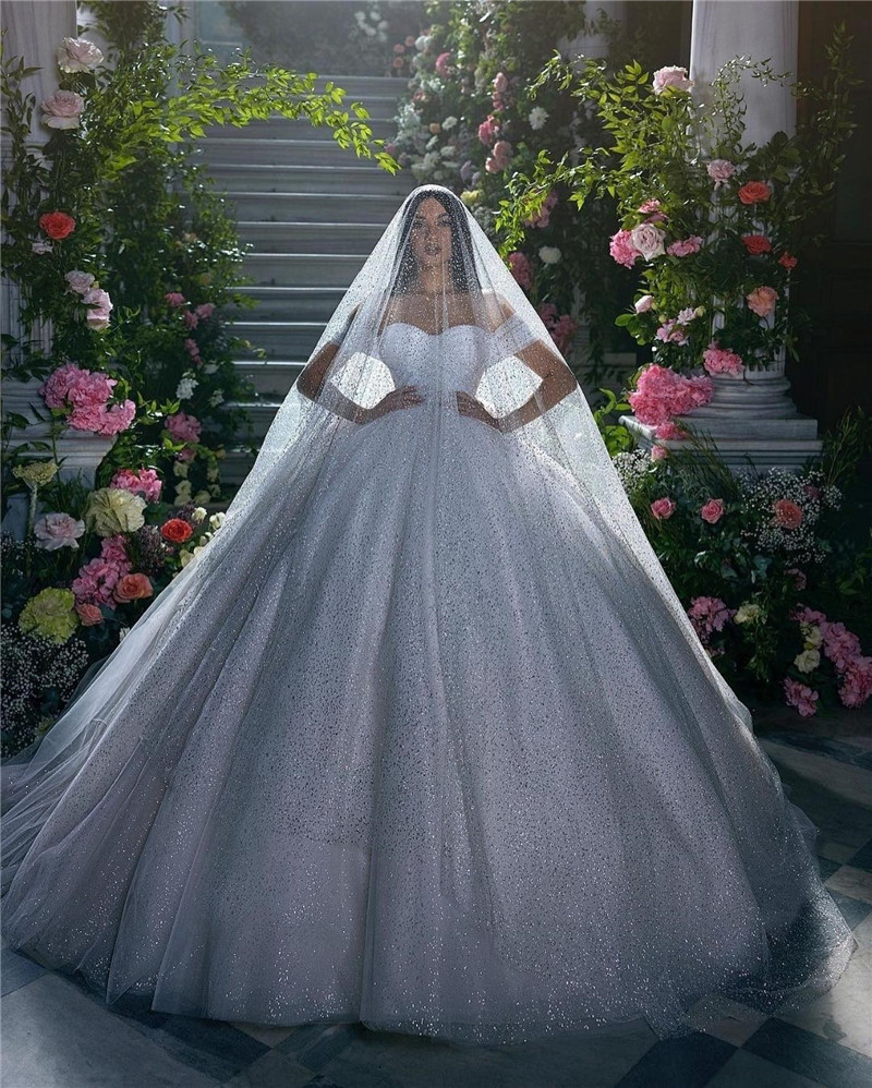 LORIE Shiny Glitter Prinzessin Brautkleider Eine Linie Weg Von Der Schulter Braut Kleid Herzförmiger Ausschnitt Dubai Brautkleider Angepasst