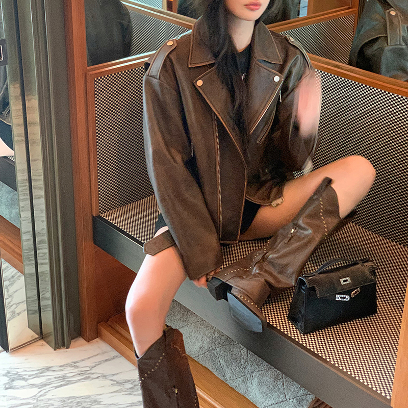 Jaqueta De Couro De Pele De Carneiro Genuíno, Casaco De Couro Real para Senhora, Oversize Retro Moto Biker Jacket, Nova Moda, TF3788