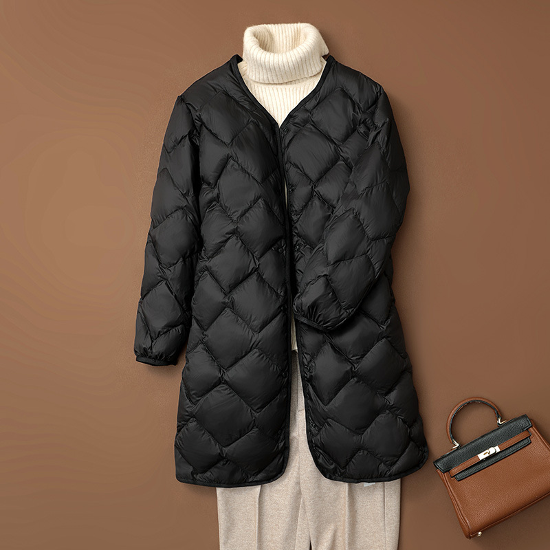 0-10 ℃ Abrigos de plumas de estilo coreano para mujer, chaquetas largas ultraligeras 90% de plumón de pato blanco, chaquetas de invierno acolchadas largas sin cuello