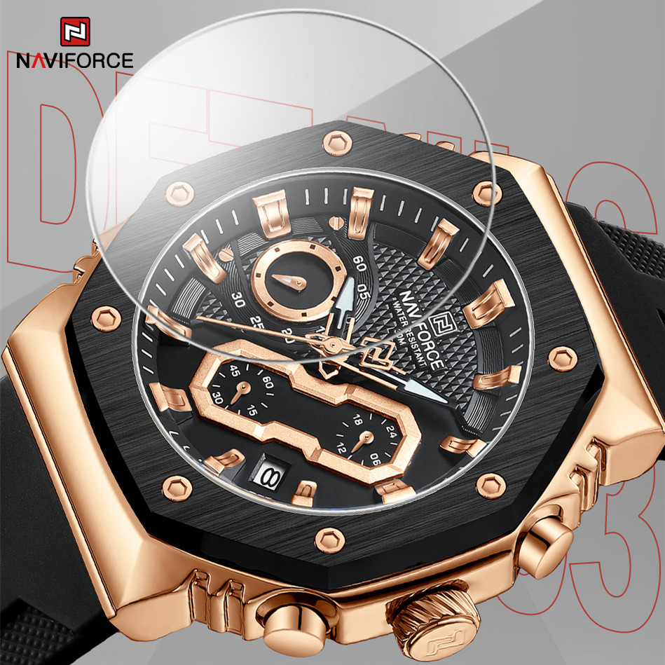 Naviforce 2024นาฬิกาผู้ชายใหม่, นาฬิกาสปอร์ตสายซิลิโคนโครโนกราฟทหารนาฬิกาข้อมือควอตซ์3ATM กันน้ำนาฬิกาคุณภาพสูง