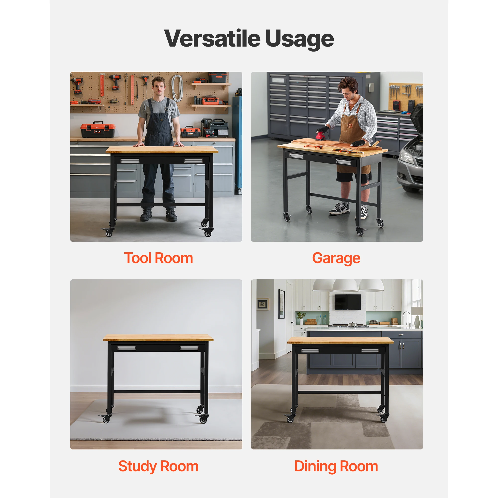 SucceBuy 1500 lbs Work Bench Rolling Garage Workbench on Wheels with Sliding Drawer Storage Oak Wood Top Work Table for Workshop