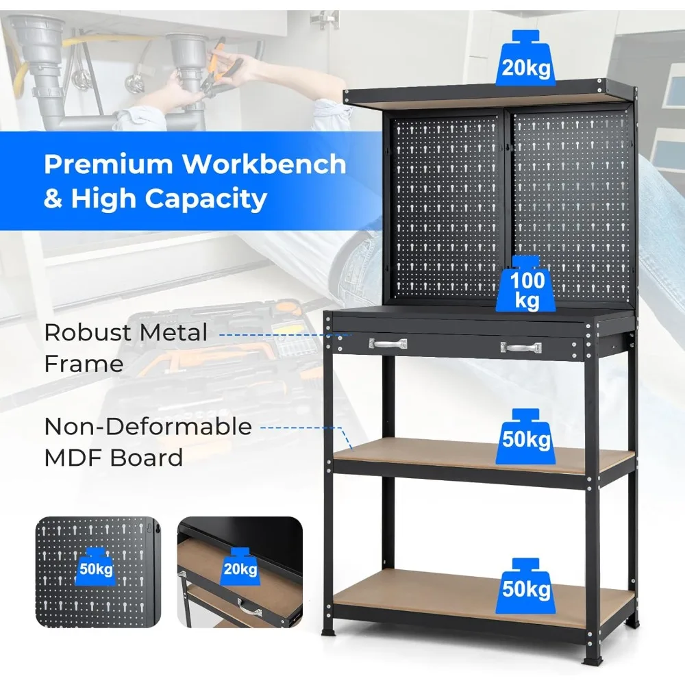 Workbench with Pegboard, Multi-Use Workbench with 4 Shelves, Topping Space,2 Drawer, Robust Metal Frame, Workbenches