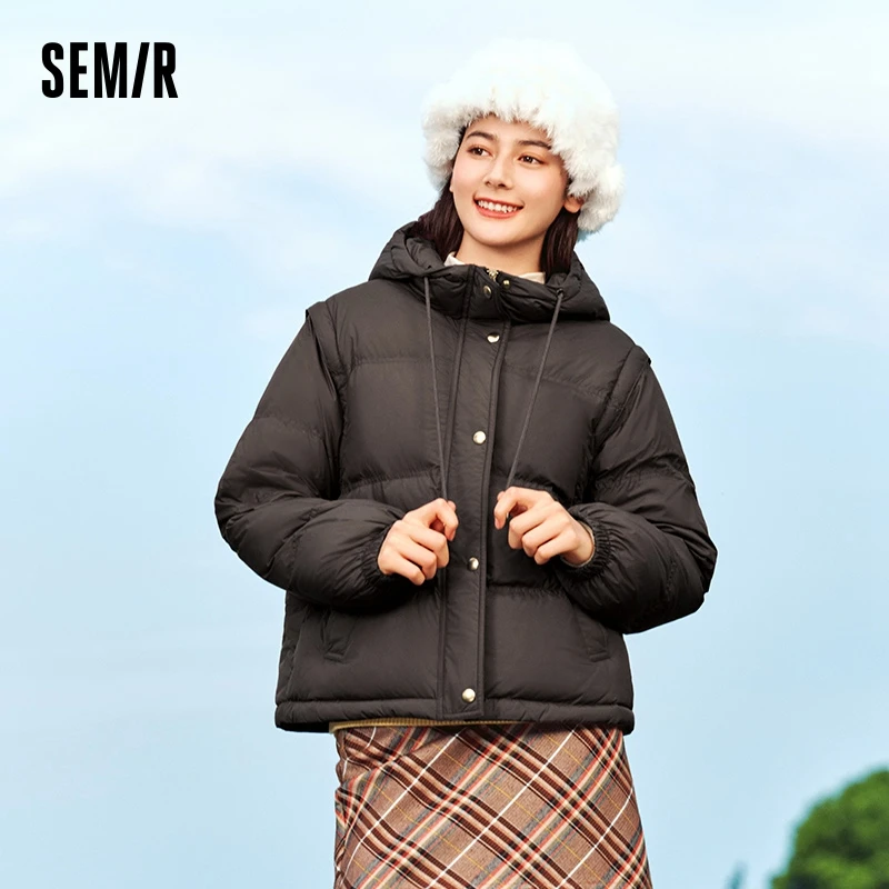 Semir com capuz jaqueta feminina solta 2025 novo inverno impermeável à prova de óleo mancha para baixo estofamento casaco de inverno mulher