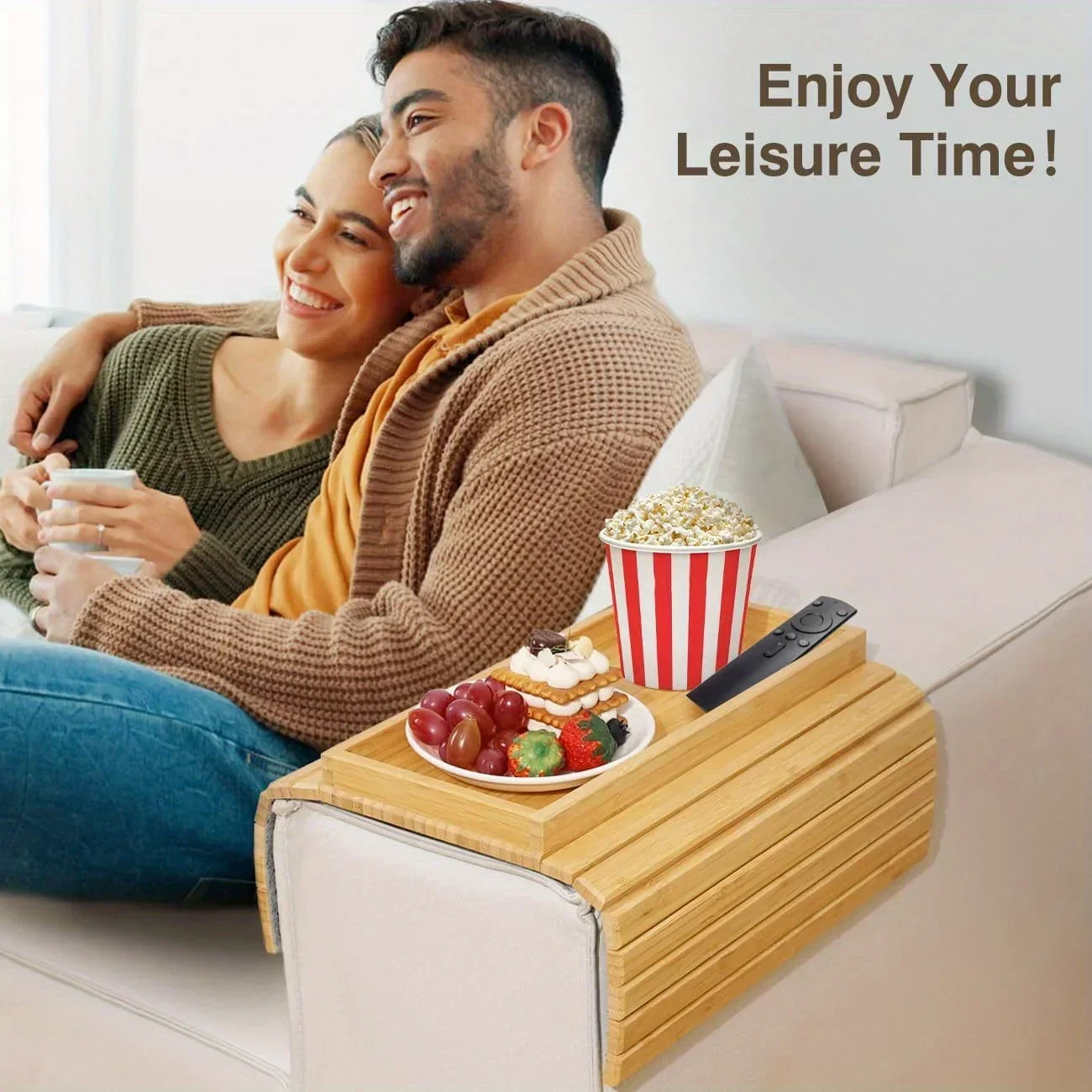 Sofa Armrest Tray Collapsible Bamboo Sofa Armrest Table, Non-slip Sofa Armrest Tray with Cup Holder, Snack Side Table