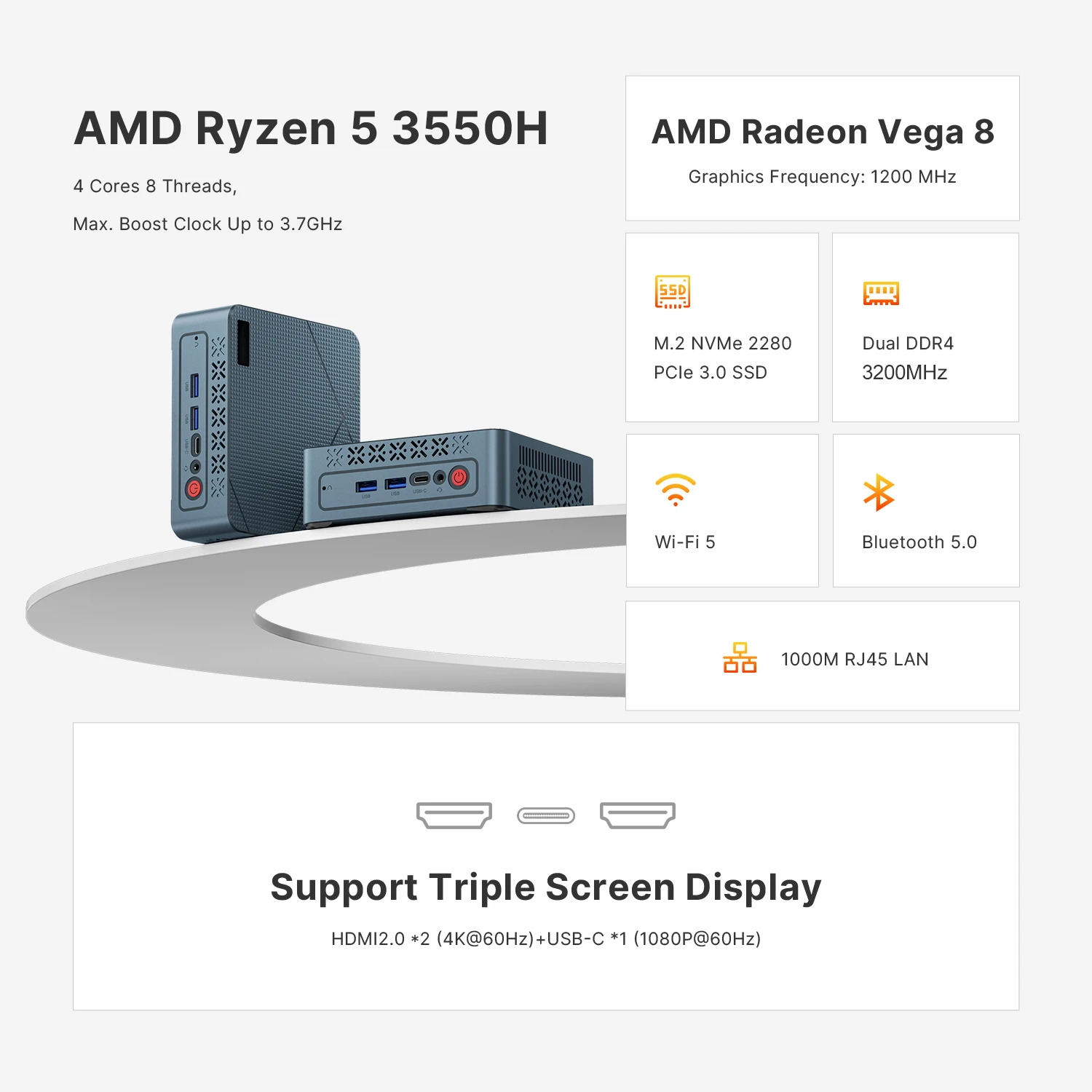 Mini PC Ninkear G3 Pro AMD Ryzen5 3550H Mini computer Windows11 16 GB DDR4 RAM 512 GB SSD Vega 8 Grafica Tripla Display 4K 60 Hz