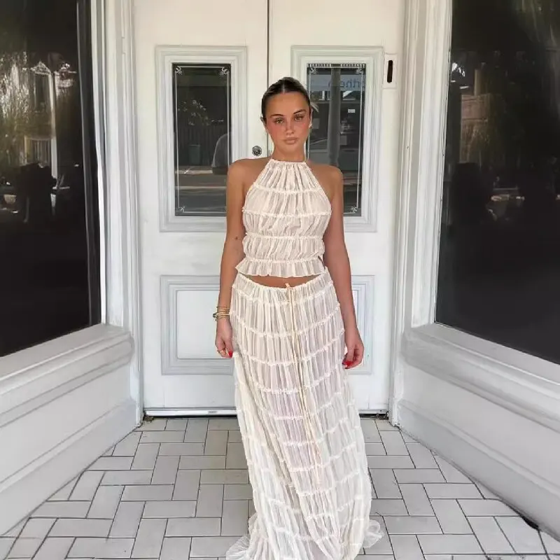 2024 summer new sexy halter top with exposed back and camisole, pleated lace vest, long skirt set