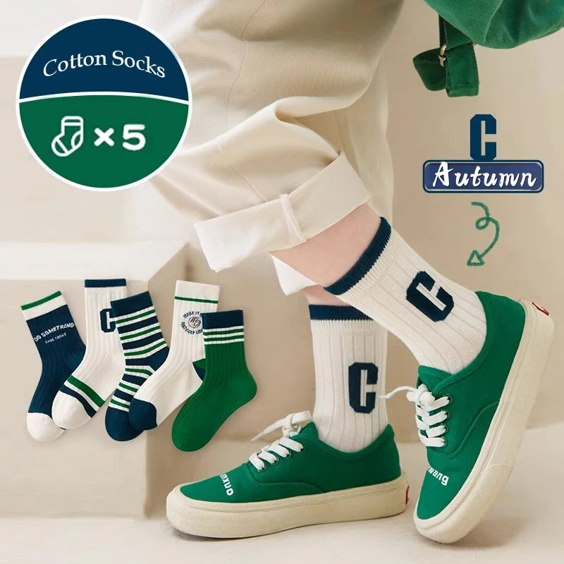 5 pares de calcetines para niños, calcetines de algodón de otoño para bebés de 1 a 14T, calcetines deportivos medianos para niños
