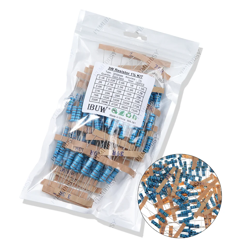 300 Pçs/set 30 Tipos 1/4W 1/2W 1W 2W 3W Resistência 1% Pacote de Resistor de Filme de Metal Kit Sortido 0.1R-750R 1K-820K Resistor 150 Pçs/set