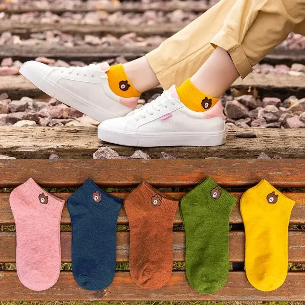 Conjunto de calcetines de tubo bajo para mujer, medias cómodas con patrón de oso, transpirables, estilo informal, 10 pares