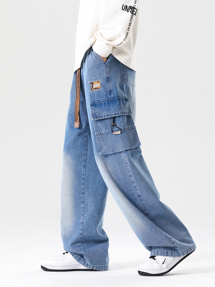 2024 otoño nuevos pantalones vaqueros Cargo para hombres talla grande 8XL 7XL 6XL bandas de hilo pantalones vaqueros de pierna ancha de algodón pantalones vaqueros rectos holgados