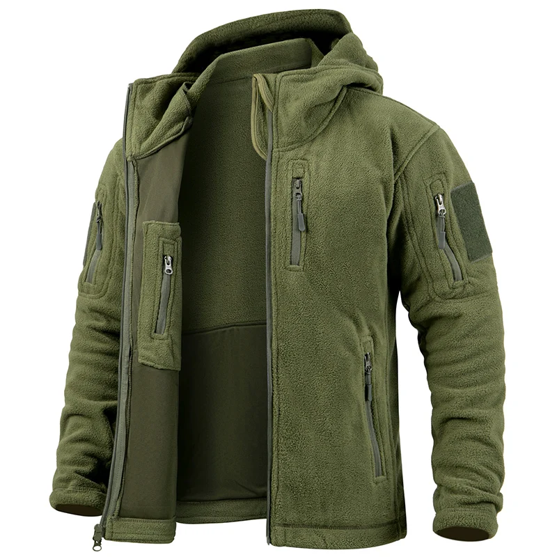 Jaqueta de lã tática masculina inverno quente zip completo militar hoodies multi-bolsos caminhadas caça casacos ao ar livre