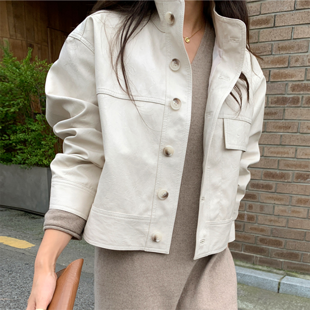 Koreanische Einfache Einreiher Leder Jacke Frauen Mode Stehen Kragen Lose Beiläufige Faux Leder Lokomotive Mantel PU Oberbekleidung