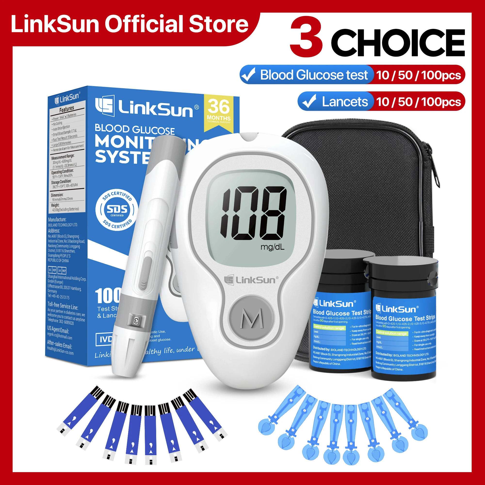 LinkSun G-425-3 Измеритель уровня глюкозы в крови 10/50/100 шт. Тест-полоски Медицинский монитор для измерения уровня сахара в крови Полный комплект Глюкометр
