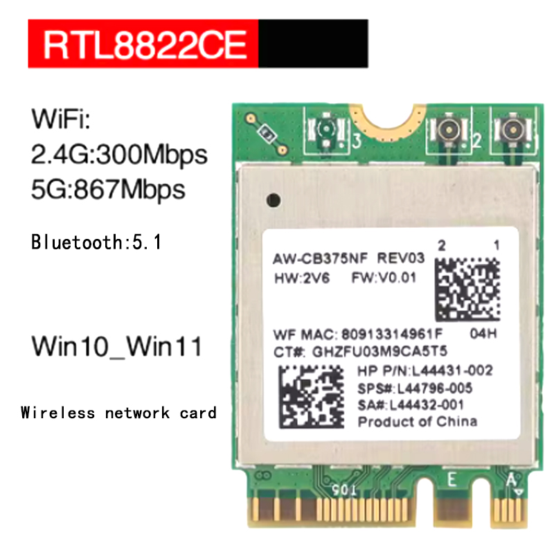 Tarjeta de red inalámbrica integrada Gigabit de doble banda RTL8822CE 5G 5,1 Bluetooth M.2 1200M adecuada para ordenadores portátiles de escritorio