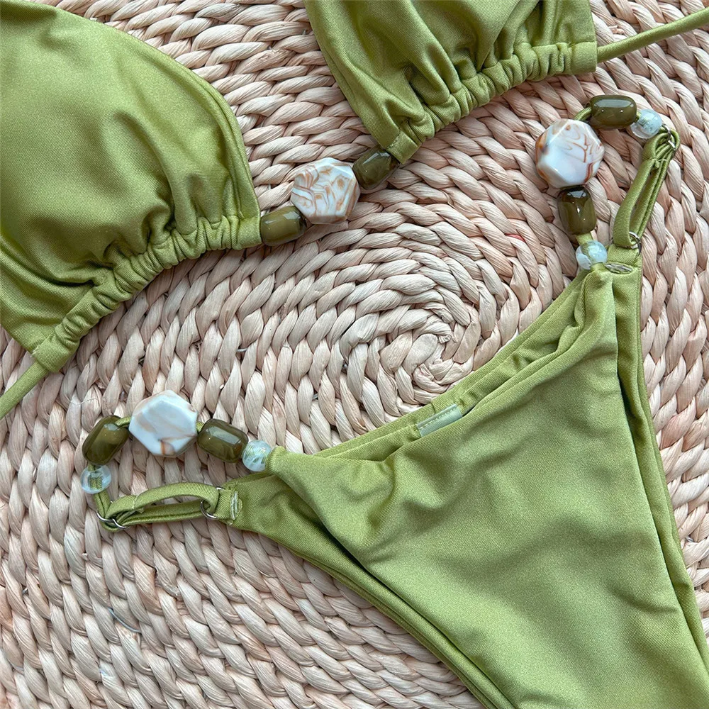 Maillots de bain vert uni Sexy licou Triangle perle String Bikini Mini Micro String maillot de bain femme 2025 été Bikinis brésiliens ensembles