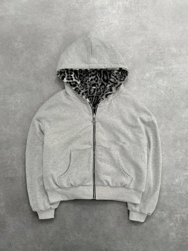 Sudadera con capucha Unisex con bolsillo con forro con estampado de leopardo, chaqueta suelta, sudadera con cremallera, estilo streetwear