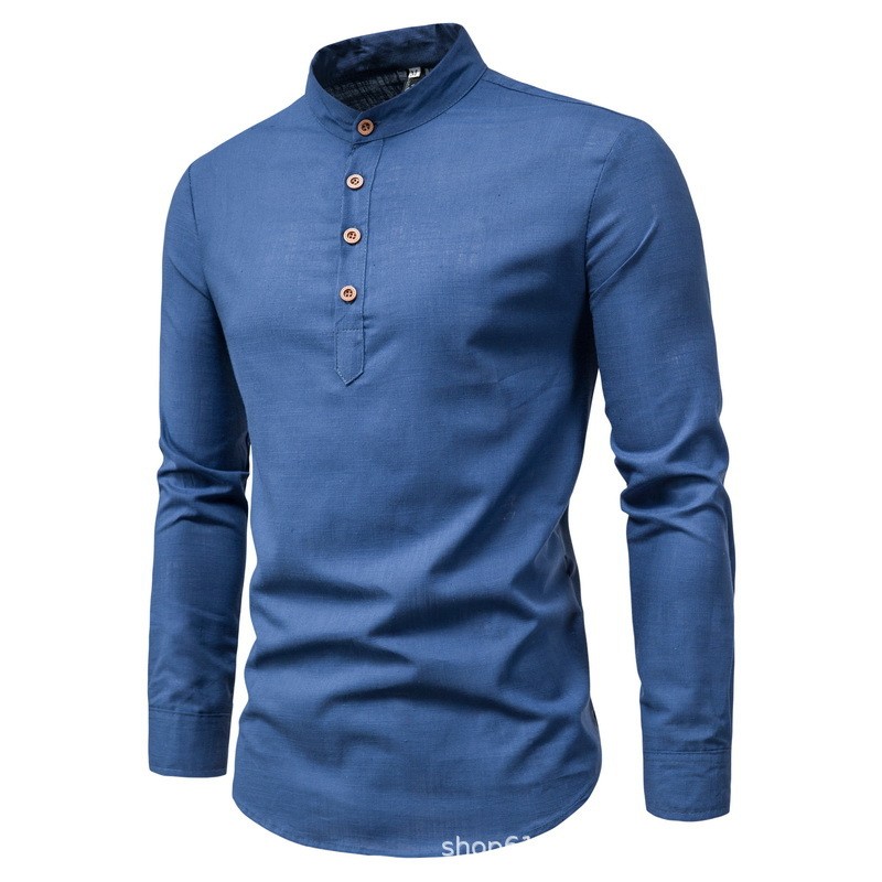 Men's solid color casual slim fitting standing collar long sleeved business shirt shirt