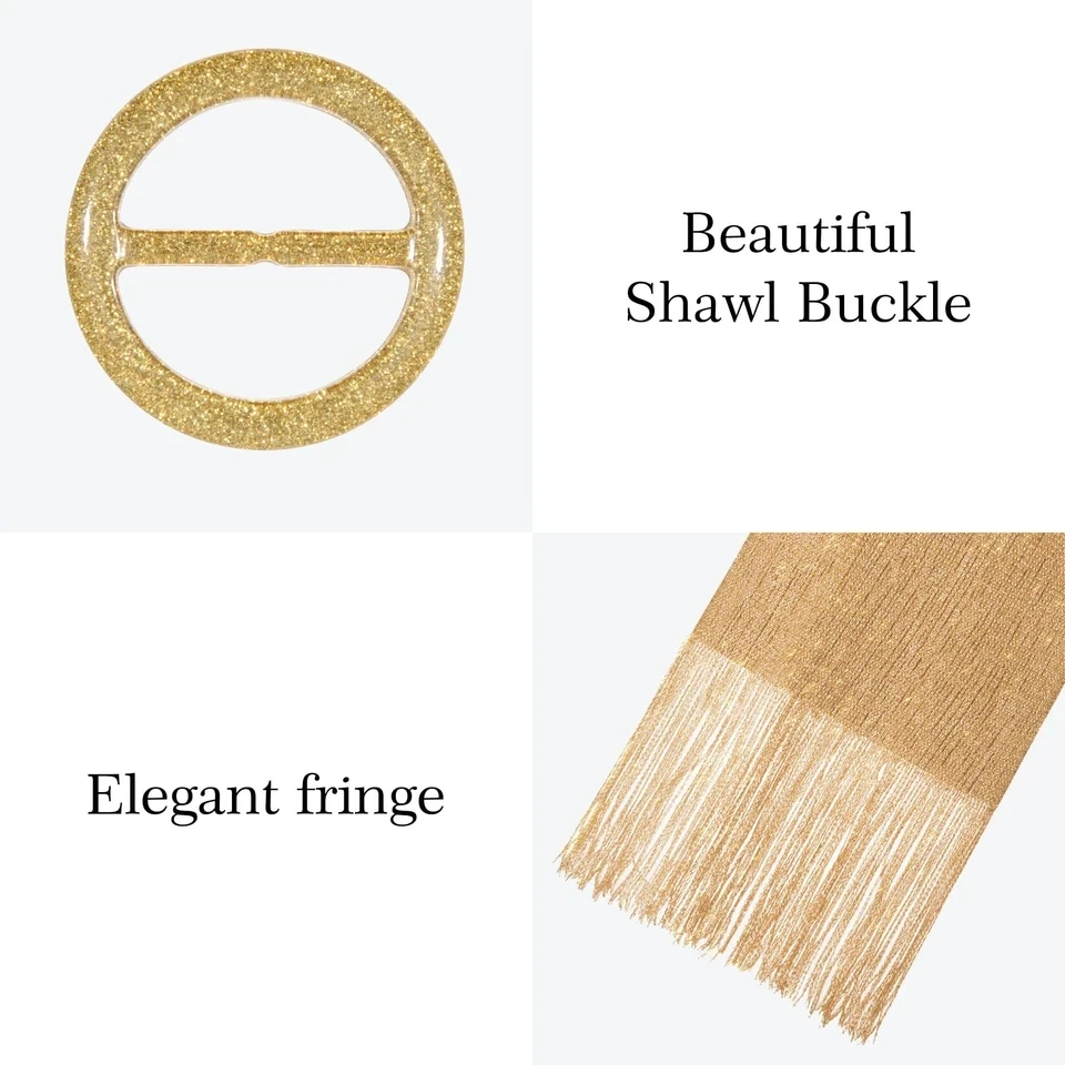 Błyszczący Metaliczny Szal z Klamrą Damski Wieczorowy Szal Elegancki Złoty Srebrny Błyszczący Szal na Ślub dla Panny Młodej