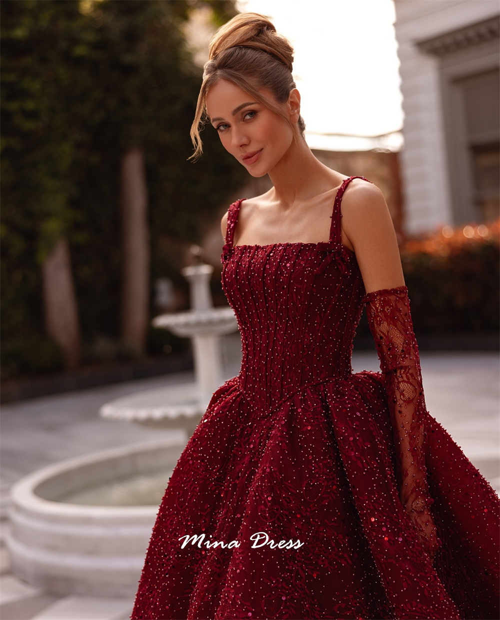 Mina Customized Beads Luxurious Women's Evening Dresses for Special Occasions Square Leader Back-length Party Elegant Woman Prom