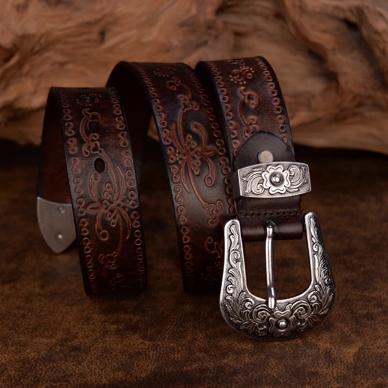 Cinturón con hebilla de acero de vaquero occidental en relieve estilo clásico de alta calidad, cinturón de diseñador de cuero genuino para hombres, cinturones vaqueros Punk para hombres