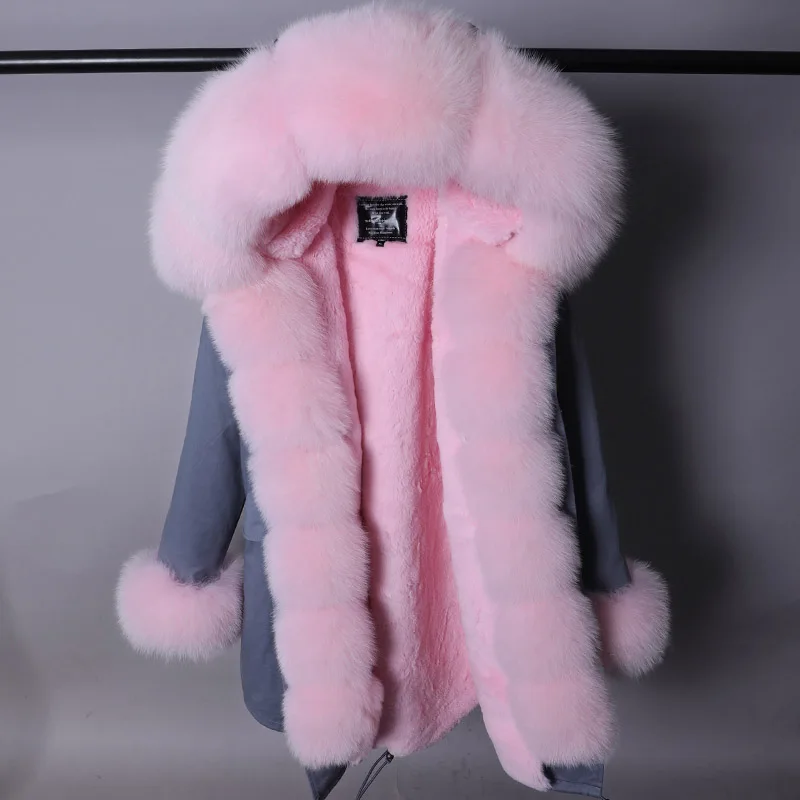 Maomaokong 2024 inverno casaco feminino gola de pele de raposa natural manguito jaquetas pretas outwear grosso luxo pele real parka casaco de pele feminina
