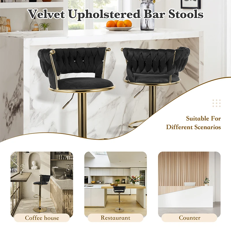 Bar Stools Set of 2, Adjustable Barstools Counter Height Stools with Back and Arm, Velvet Woven Kitchen Island Stools