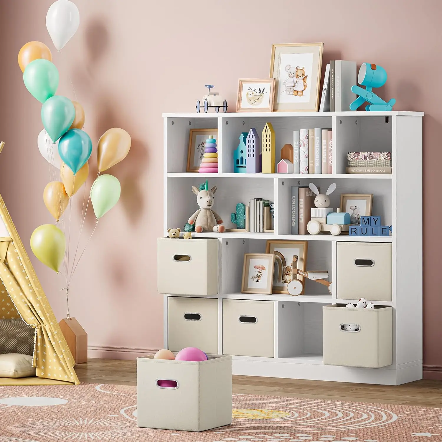 IRONCK Wooden 12-Cube Storage Organizer Shelf with 6 Bins, Toy Storage and Bookshelf, 3-Tier Open Bookcase Cubby for Kids, Beige