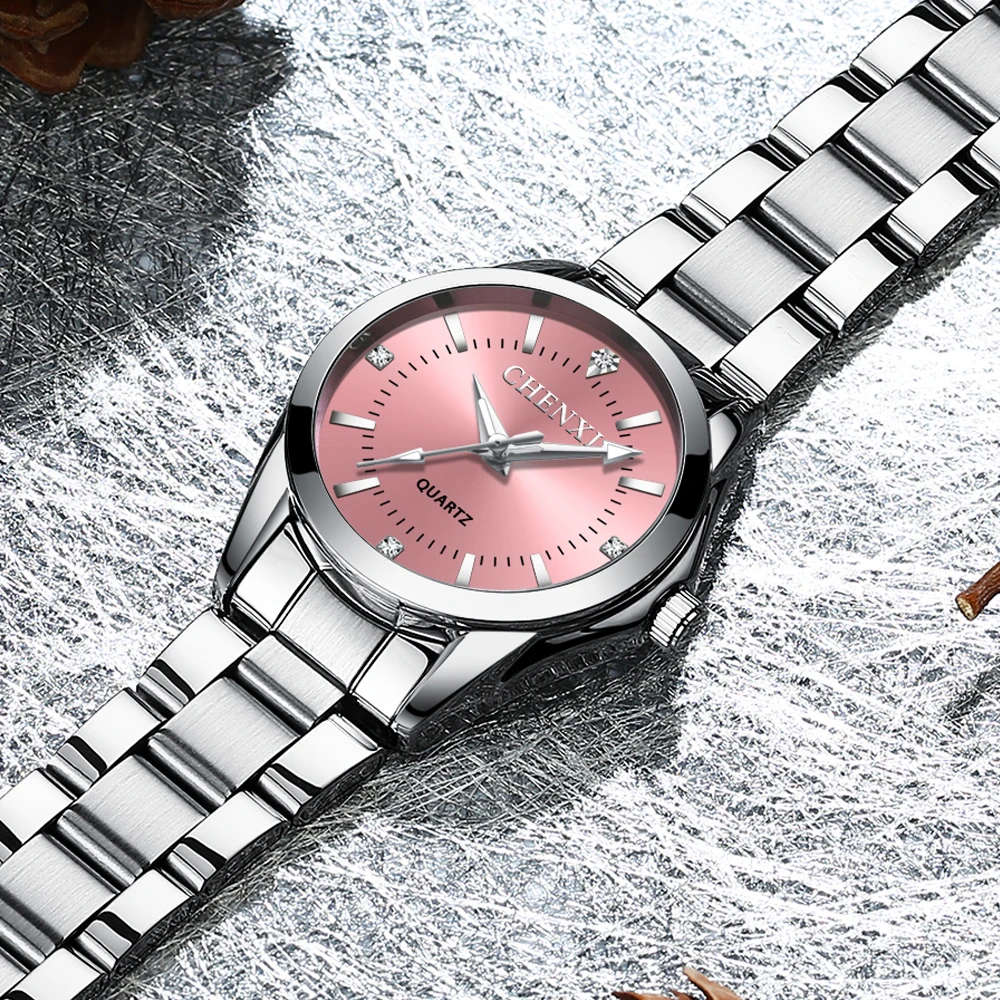 CHENXI 021B นาฬิกาผู้หญิงออกแบบสแตนเลสหรูหราผู้หญิงนาฬิกาข้อมือควอตซ์ Rhinestone Dial นาฬิกาสําหรับสุภาพสตรี