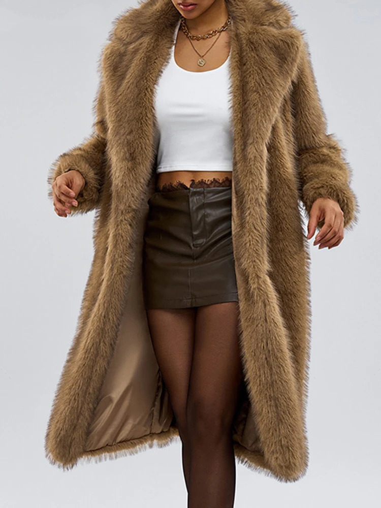 Modischer Kunstpelzmantel im europäischen Stil, Revers, alle passend, verdeckte Knöpfe, lockere, lässige, lange Damenmäntel, 2025, neu