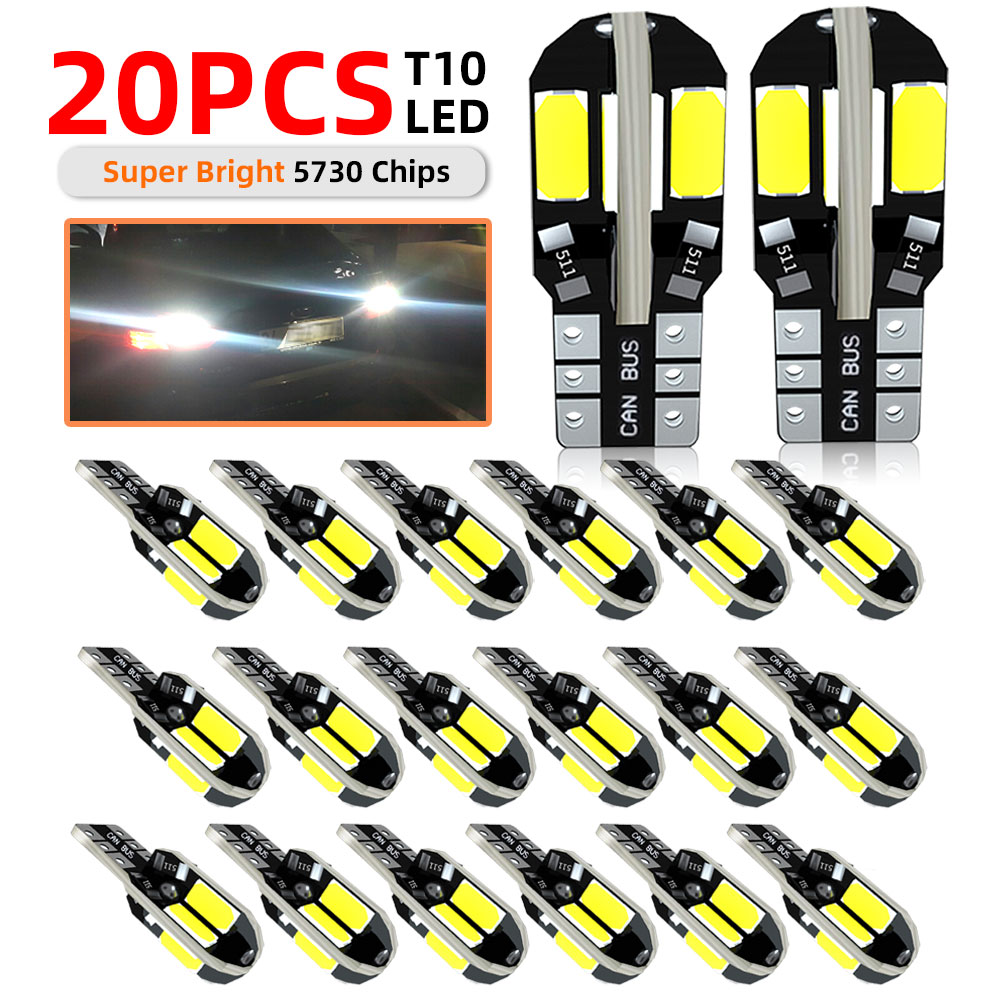 10/20 pces w5w t10 lâmpadas led canbus 5730 8smd 12v 6000k para sinal de volta do carro leitura freio tronco capô largura luzes de folga