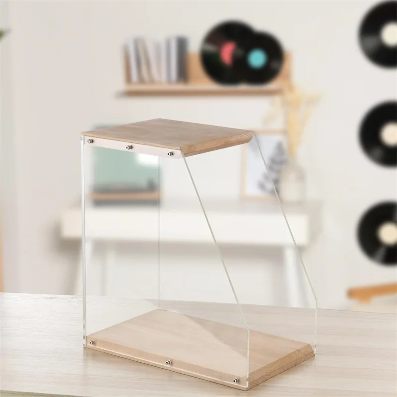 Scaffale per dischi in legno Ornamento da tavolo Espositore per dischi in vinile trasparente Scatola portaoggetti per libri con nastro Organizzatore in legno massello
