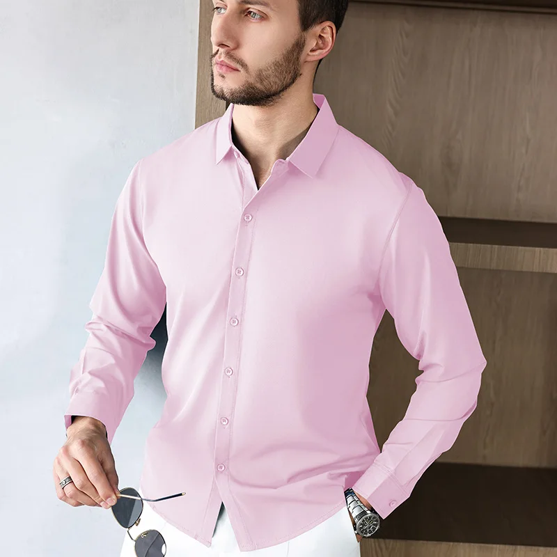 Nueva camisa informal de negocios de manga larga de Color sólido para hombre, resistente a las arrugas, cómoda, versátil para todas las estaciones