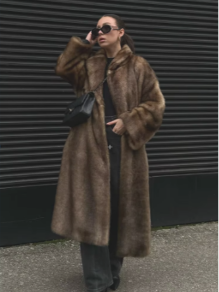 Damski luksusowy miękki, gruby, ciepły, owłosiony płaszcz ze sztucznego futra lisa Moda Ponadgabarytowa brązowa puszysta kurtka z długim rękawem 2024 Lady Streetwear