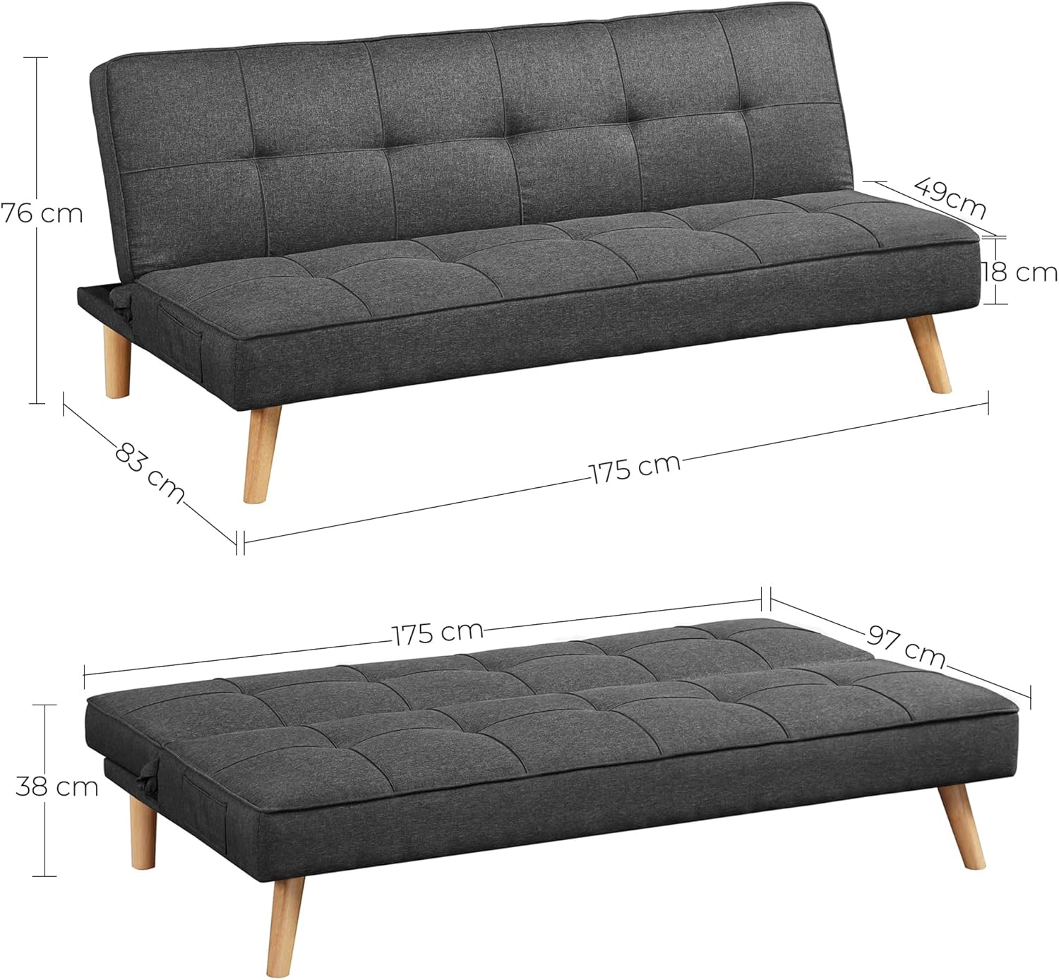 Sofá cama futón, sofá cama convertible, tapizado de lino y algodón y patas de madera, gris