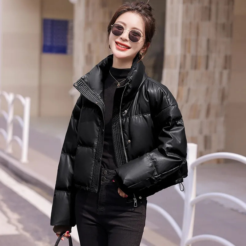 CoffeeMaillard-Chaqueta de algodón de piel sintética para mujer, abrigo corto de cuello levantado, cálido y a la moda, 2024