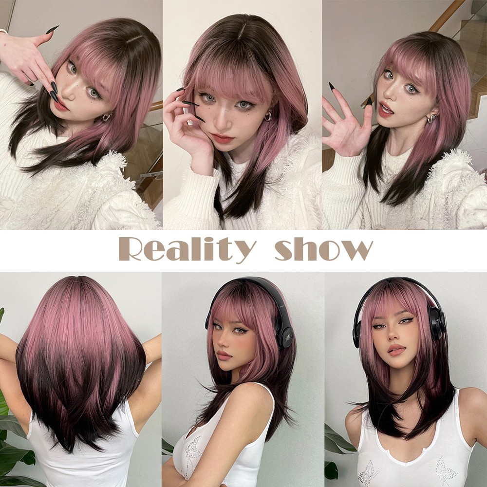 LOUIS FERRE Zwart Roze Ombre Synthetische Pruiken voor Cosplay Lange Rechte Gelaagde Pruiken met Pony voor Vrouwen Hittebestendige Nep Haar