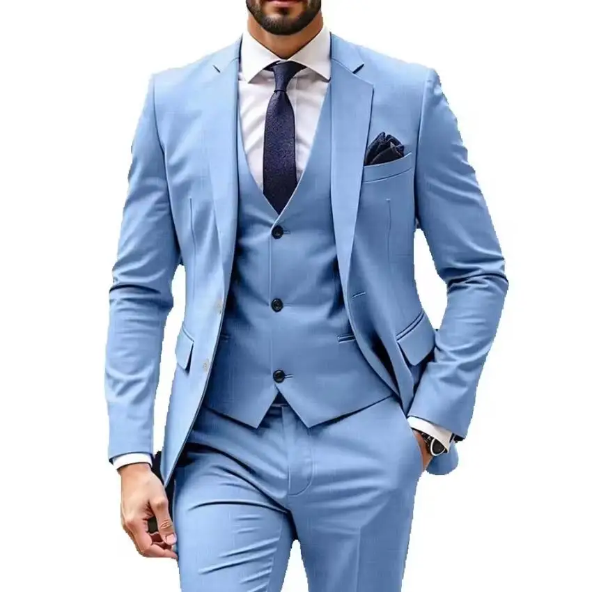 Neue Hellblaue Herrenanzüge, 3-teilig, Jacke, Hose, Weste, einreihig, Reverskragen, formeller Hochzeitsblazer, hochwertiges Kostüm Homme