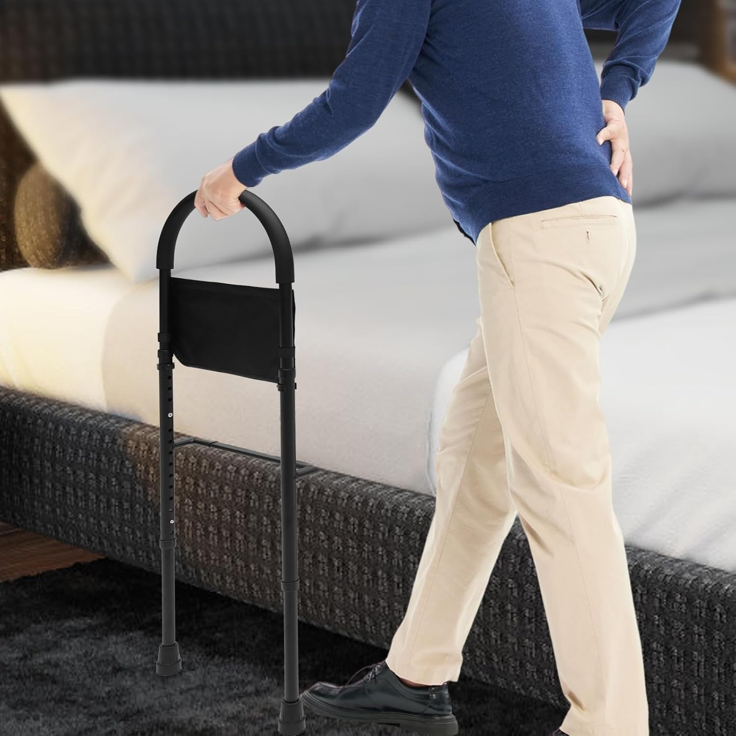 Bed Guard Bed Rails for Elderly Adult Bed Assist Rail with Adjustable Heights Safety Hand Rail Assist Handle With Storage Pocket