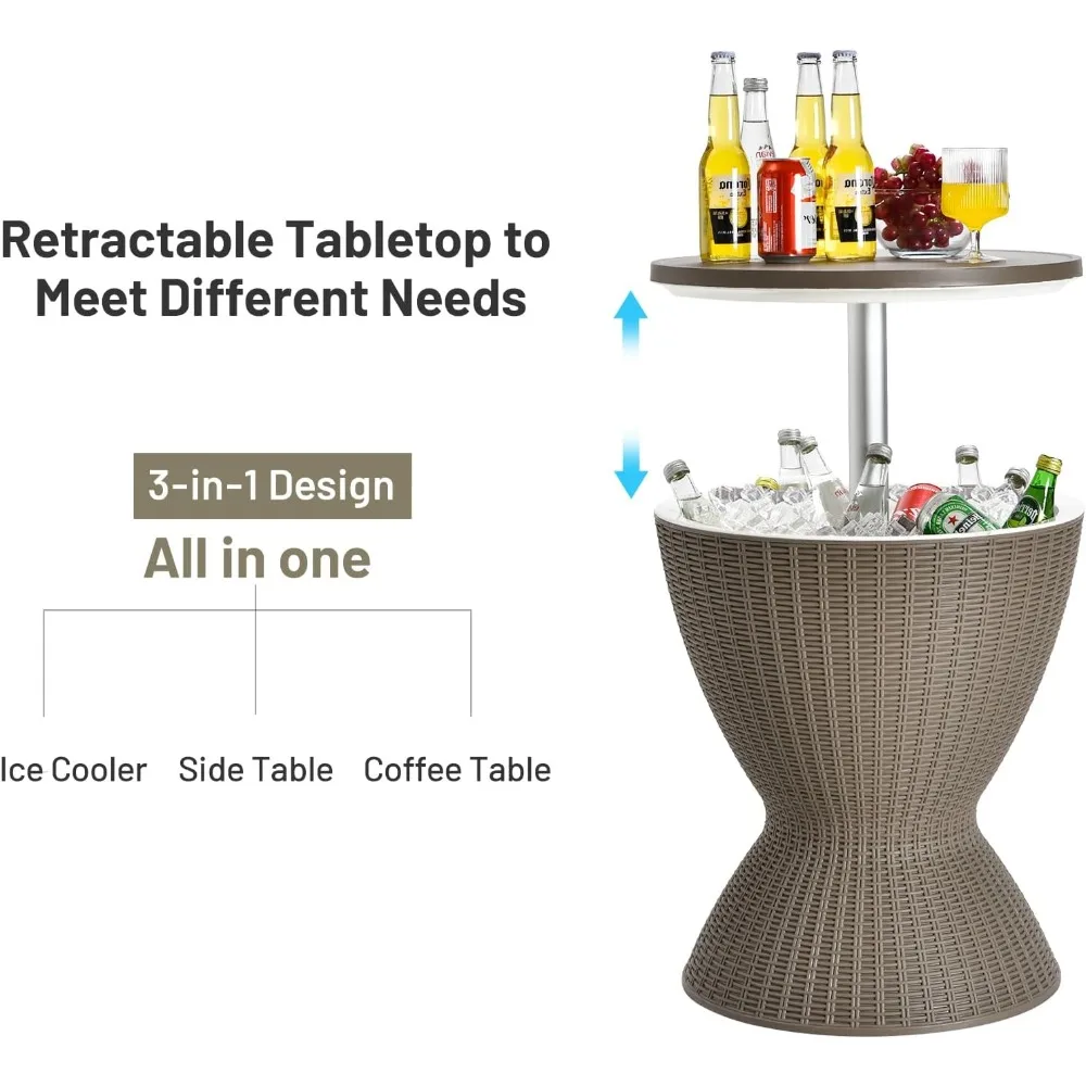 Outdoor Cool Bar Table, 8 Gallon Beer and Wine Cooler, Height Adjustable Rattan Style Cocktail Patio Bar Tables, 3-in-Ice