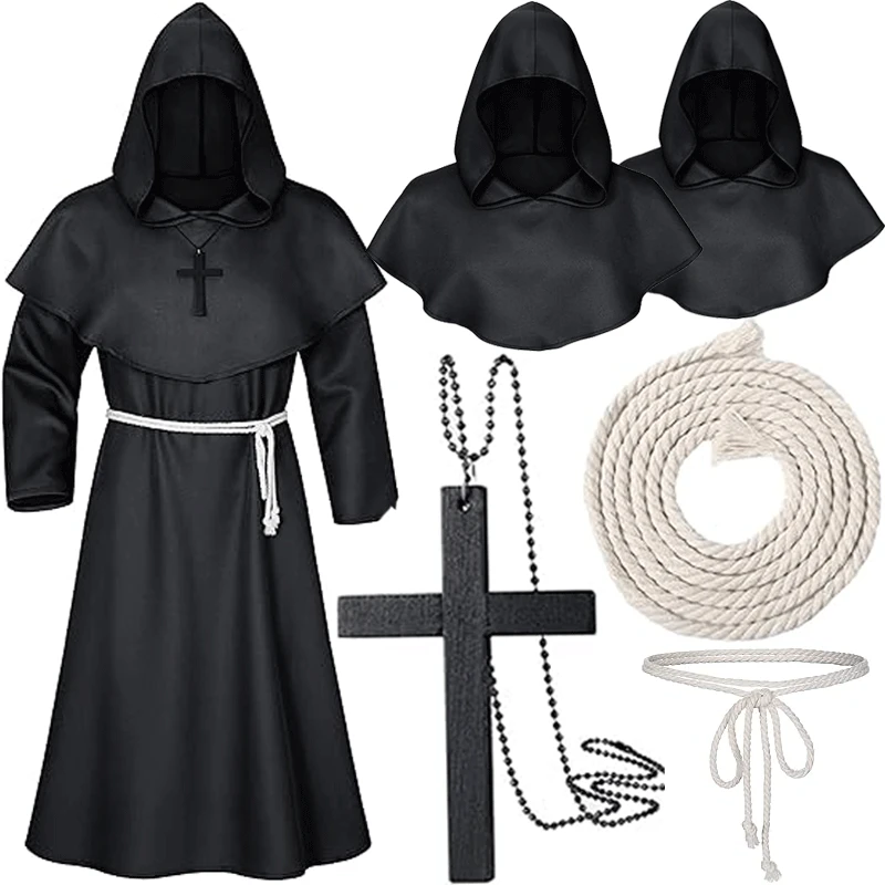 Medieval Monk Hood Cloak Sorcerer Priest Costumes Halloween Robe Wizard Knight Cape Adult Teens Outfit Party Props Set