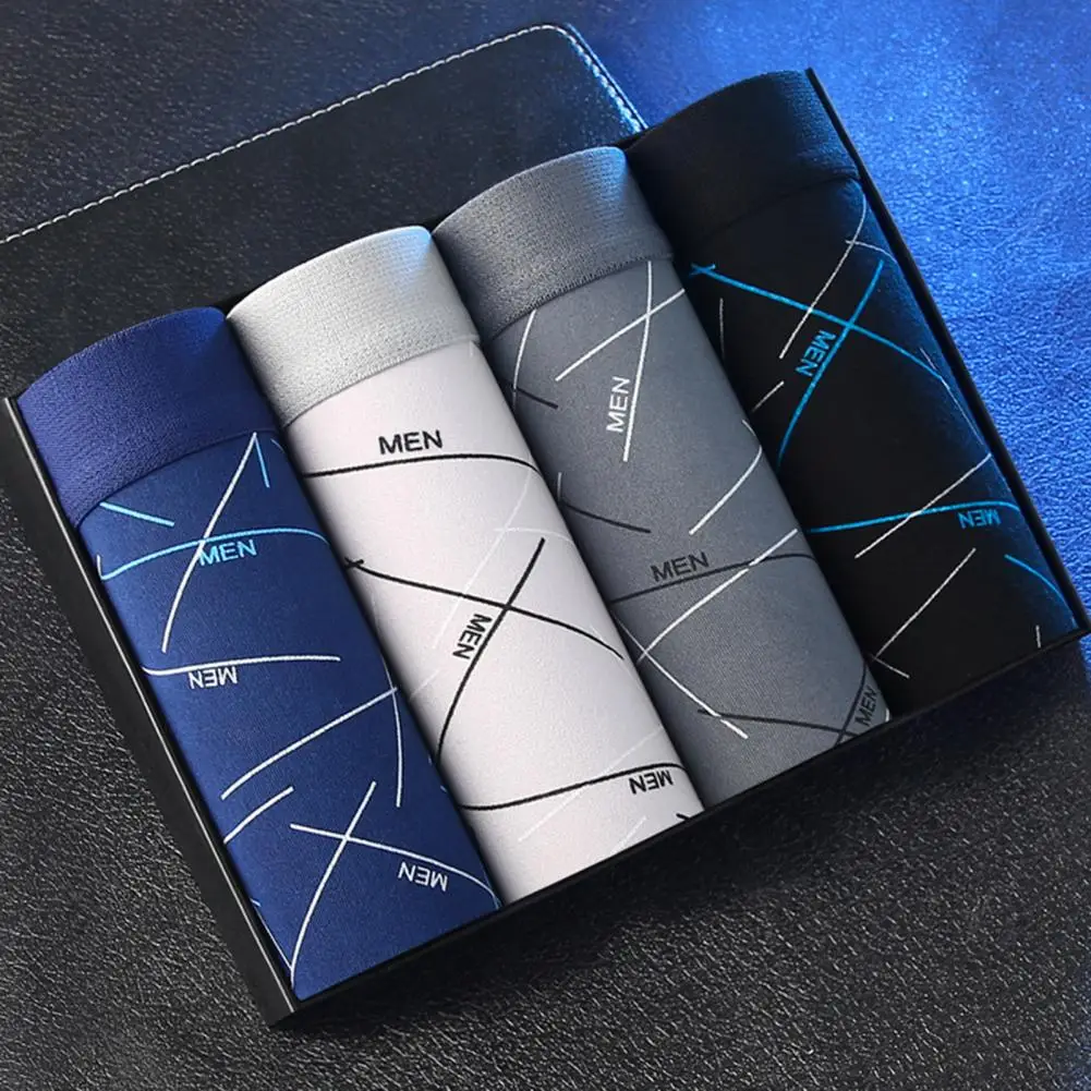 Printed Letter Men Boxers Geometric Lines Elastic Waist Letter Strip Seamless U Convex Men Underwear Butt-lifted Underpants