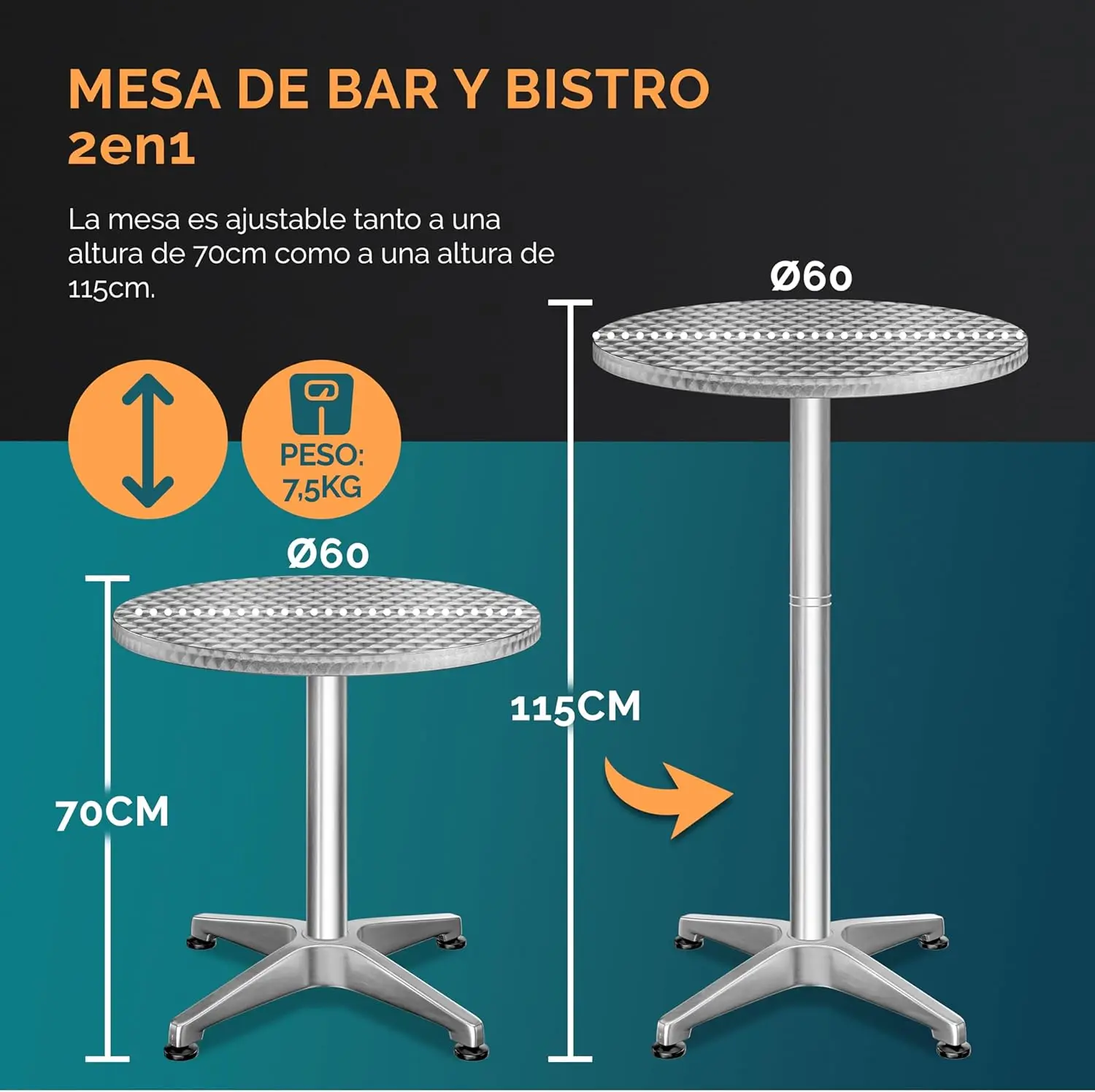 Mesa Alta Bar 2en1 Plegable Altura 70cm / 115cm Aluminio Ø 60cm Eventos Bistro Fiestas Jardín