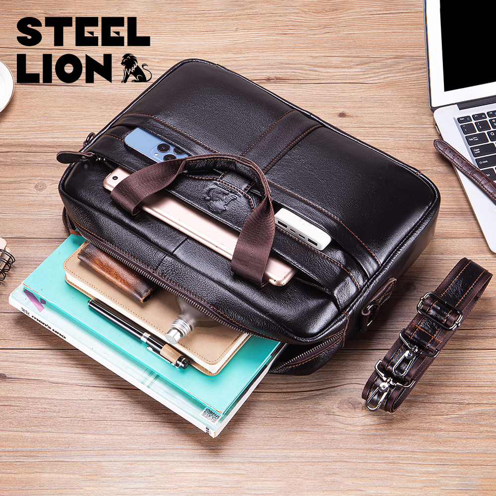 STEEL LION leather men's briefcase, large capacity business office bag, cowhide computer bag, can be carried by hand or shoulder