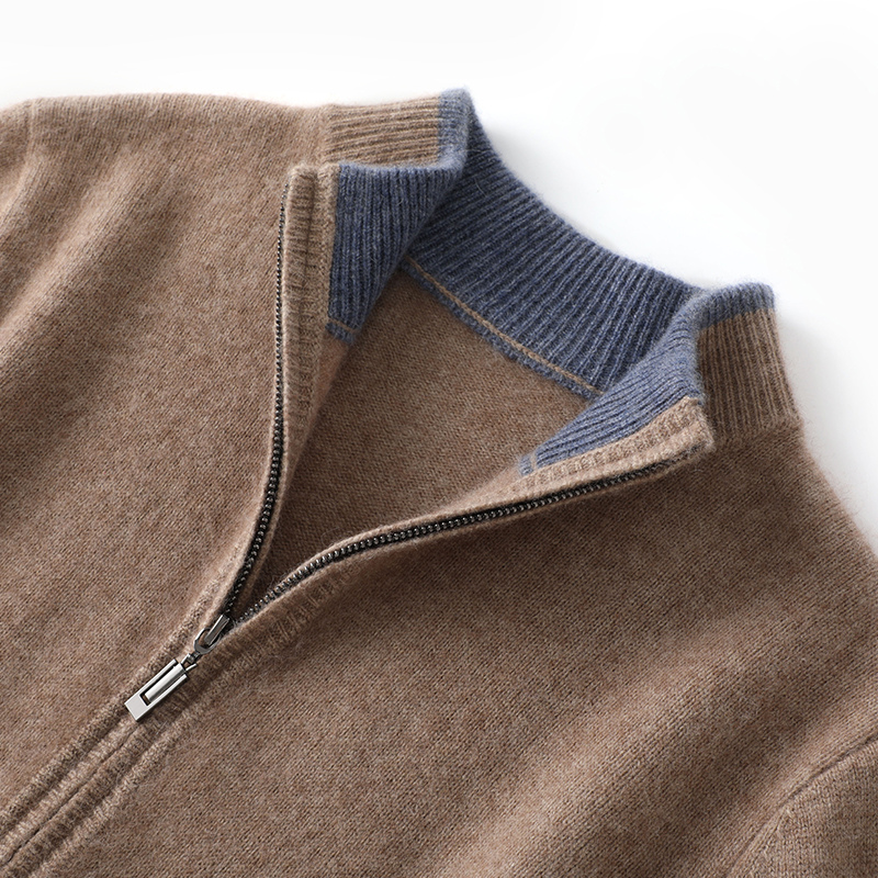 2023 Autumn/Winter New 100% Pure Cashmere Sweater Men's Half High Neck Knitted Zippered Cardigan Solid Color Wool Top Coat