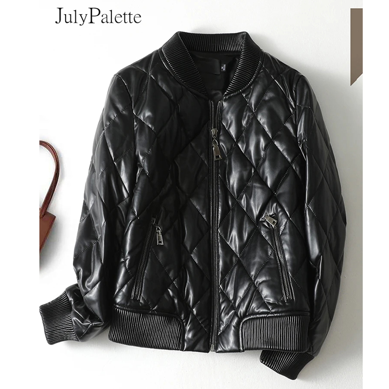 Julypalette 90% White Duck Down Real Sheepskin Jackets Black Casual Women Winter Zipper Lambskin Leather Warm Coats Rozmiar M-5XL