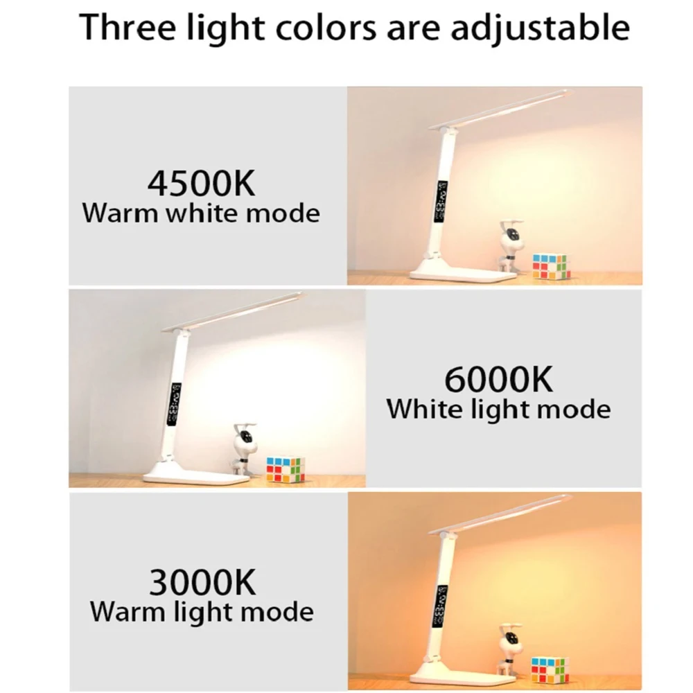 Klapptischlampe, USB-Lesung, Touch, dimmbar, Augenschutz mit Wecker, Thermometer, LED-Schreibtischlampe, USB-Aufladung, Nachtlicht