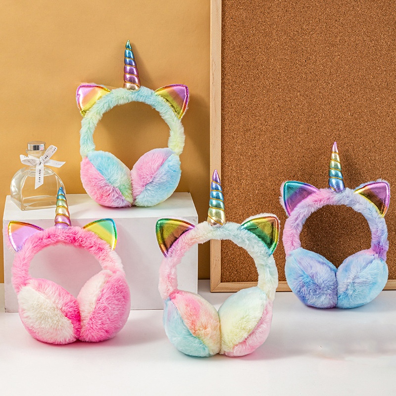Kinder Mädchen Winter Warme Bunte Einhorn Thermische Ohrenschützer Tie-dye Pelz Ohren Abdeckung Ski Schnee Weiche Plüsch Flauschigen Katze ohren Earflap