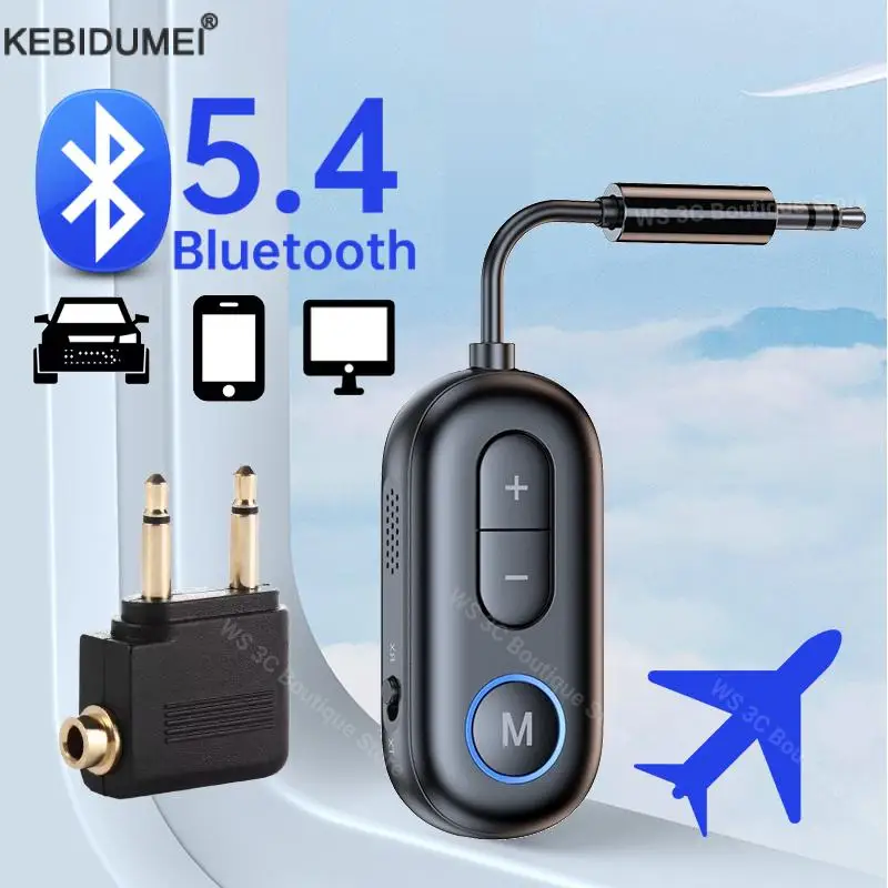 Receptor y transmisor de Audio Bluetooth 5,4, adaptador inalámbrico de música estéreo Hifi AUX de 3,5 MM con micrófono para coche, avión, TV, PC, altavoz