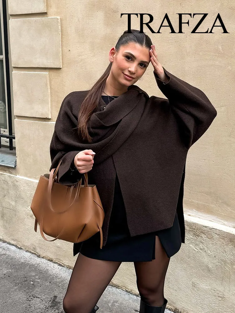 TRAFZA Wintermode Asymmetrischer Schal Damen Kurzer Strickmantel Langarm Single Button Lose Damen Elegante Strickjacken