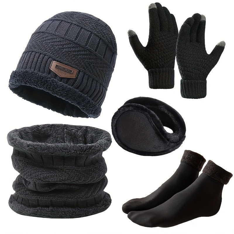 5pcs/set Winter Warmth Combination - Cold Resistant Knitted Hat+Velvet Neck+Thick Gloves+Plush Earmuffs+Snow Socks